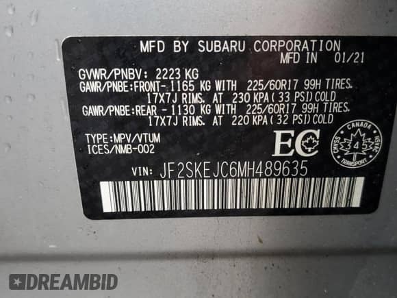 2021 Subaru Forester with VIN JF2SKEJC6MH489635, listed as a Copart auction lot 83819635 with Not provided miles and Non repairable. Bid and sale history available at DreamBid. Image 13.