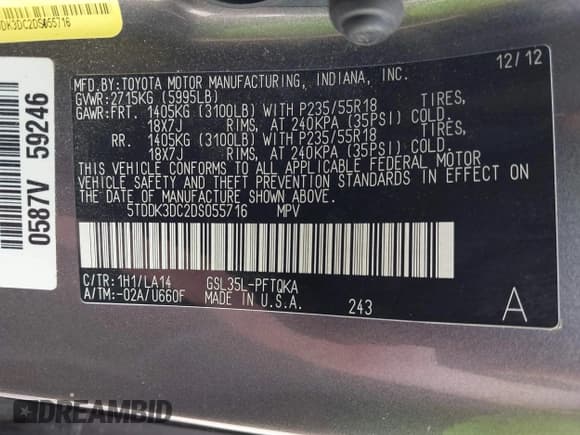 ✅ 2013 Toyota Sienna XLE • VIN: 5TDDK3DC2DS055716 • Lot: 42513736. Listed on IAAI with 163,268 mi. Free auction sales archive from the USA and detailed vehicle history report at DreamBid. Image 9.