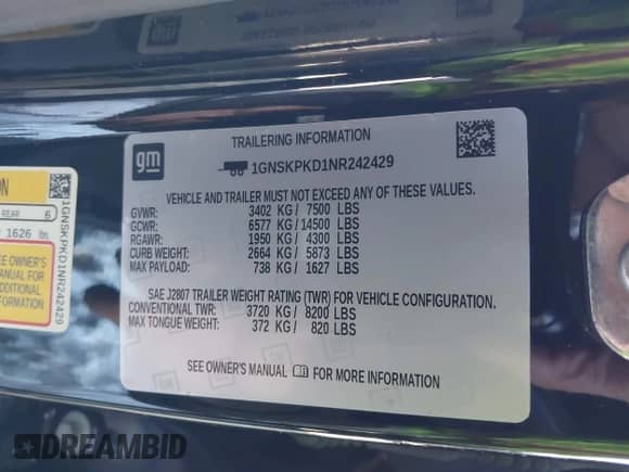 2022 Chevrolet Tahoe Z71 z VIN 1GNSKPKD1NR242429, wystawiony jako IAAI lot #42058520 z przebiegiem 63 699 mil mil oraz . Historia ofert i sprzedaży dostępna na DreamBid. Obrazek 9.