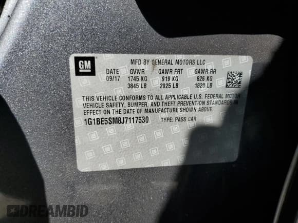 ✅ 2018 Chevrolet Cruze LT • VIN: 1G1BE5SM8J7117530 • Lot: 82191105. Listed on Copart with 81,767 mi. Free auction sales archive from the USA and detailed vehicle history report at DreamBid. Image 12.