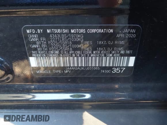 ✅ 2020 Mitsubishi Outlander ES • VIN: JA4AR3AUXLU031065 • Lot: 40655265. Listed on IAAI with 94,138 mi. Free auction sales archive from the USA and detailed vehicle history report at DreamBid. Image 9.