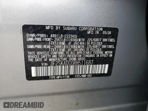 ✅ 2024 Subaru Forester Premium • VIN: JF2SKADC0RH511687 • Lot: 85001015. Listed on Copart with 22,659 mi. Free auction sales archive from the USA and detailed vehicle history report at DreamBid. Image 13.