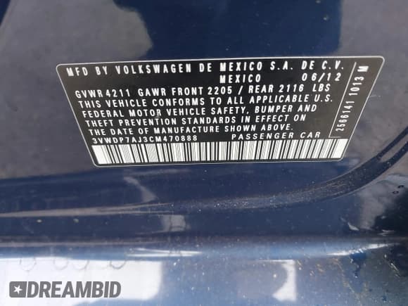 ✅ 2012 Volkswagen Jetta SE • VIN: 3VWDP7AJ3CM470888 • Lot: 42795474. Listed on IAAI with 149,625 mi. Free auction sales archive from the USA and detailed vehicle history report at DreamBid. Image 9.