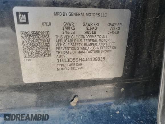 ✅ 2018 Chevrolet Sonic LT • VIN: 1G1JD5SH4J4139835 • Lot: 84706765. Listed on Copart with 131,515 mi. Free auction sales archive from the USA and detailed vehicle history report at DreamBid. Image 12.