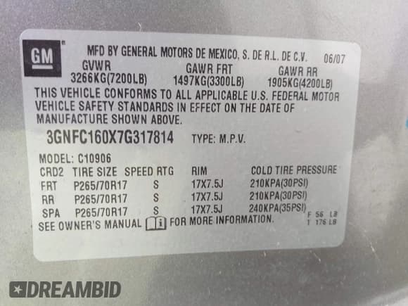 ✅ 2007 Chevrolet Suburban LT • VIN: 3GNFC160X7G317814 • Lot: 42368680. Listed on IAAI with 216,260 mi. Free auction sales archive from the USA and detailed vehicle history report at DreamBid. Image 9.