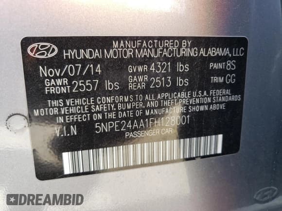 ✅ 2015 Hyundai Sonata Eco • VIN: 5NPE24AA1FH128001 • Lot: 45022933. Listed on Copart with 47,689 mi. Free auction sales archive from the USA and detailed vehicle history report at DreamBid. Image 13.