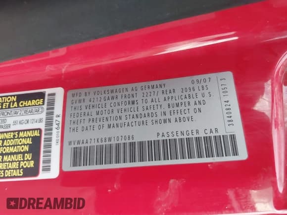 ✅ 2008 Volkswagen Rabbit S • VIN: WVWAA71K68W107086 • Lot: 43518524. Listed on IAAI with 199,720 mi. Free auction sales archive from the USA and detailed vehicle history report at DreamBid. Image 9.