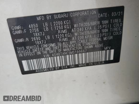 ✅ 2021 Subaru Outback Limited • VIN: 4S4BTANC5M3199667 • Lot: 59871285. Listed on Copart with 75,893 mi. Free auction sales archive from the USA and detailed vehicle history report at DreamBid. Image 12.