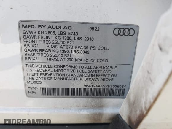 ✅ 2023 Audi SQ5 Sportback Premium Plus • VIN: WA124AFY7P2036034 • Lot: 42327943. Listed on IAAI with 28,309 mi. Free auction sales archive from the USA and detailed vehicle history report at DreamBid. Image 9.