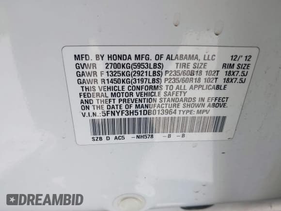 ✅ 2013 Honda Pilot EX-L • VIN: 5FNYF3H51DB013964 • Lot: 41831598. Listed on IAAI with 155,959 mi. Free auction sales archive from the USA and detailed vehicle history report at DreamBid. Image 9.