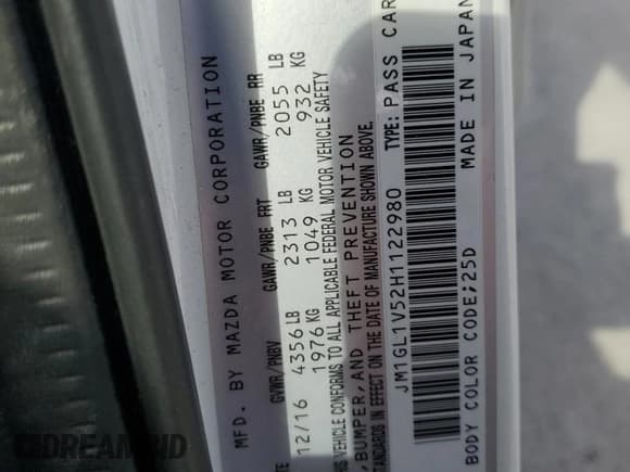 ✅ 2017 Mazda 6 Touring • VIN: JM1GL1V52H1122980 • Lot: 86663295. Listed on Copart with 90,309 mi. Free auction sales archive from the USA and detailed vehicle history report at DreamBid. Image 12.