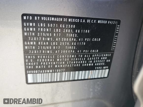 ✅ 2021 Volkswagen Tiguan S • VIN: 3VV0B7AX8MM118977 • Лот: 68700125. Опубликован ранее на Copart с пробегом 88 890 миль. Бесплатный доступ к архиву аукционных продаж из США и подробный отчёт об истории автомобиля на DreamBid. Изображение 13.