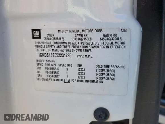 ✅ 2005 GMC Envoy SLT • VIN: 1GKDS13S052231236 • Lot: 45741075. Listed on Copart with 116,678 mi. Free auction sales archive from the USA and detailed vehicle history report at DreamBid. Image 14.