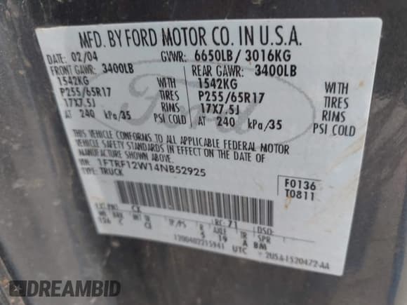 ✅ 2004 Ford F-150 XL • VIN: 1FTRF12W14NB52925 • Lot: 42773779. Listed on IAAI with 160,706 mi. Free auction sales archive from the USA and detailed vehicle history report at DreamBid. Image 9.