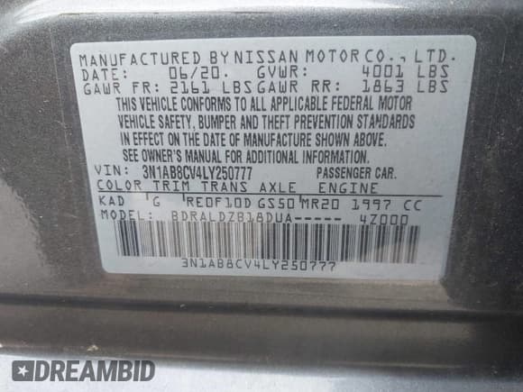 ✅ 2020 Nissan Sentra SV • VIN: 3N1AB8CV4LY250777 • Lot: 43194123. Wystawiony na IAAI z przebiegiem 45 169 mil. Bezpłatny archiwum sprzedaży aukcyjnych z USA i szczegółowy raport historii pojazdu na DreamBid. Zdjęcie 9.