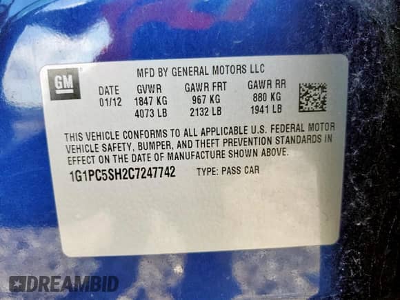 2012 Chevrolet Cruze LS с VIN 1G1PC5SH2C7247742, выставлен на аукционе Copart как лот 60889545 с пробегом 198 331 миль миль и Списание • Salvage title. История ставок и продаж доступна на DreamBid. Изображение 12.