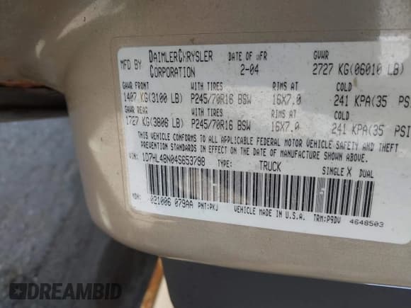 ✅ 2004 Dodge Dakota SLT • VIN: 1D7HL48N04S653798 • Lot: 42520546. Listed on IAAI with 115,259 mi. Free auction sales archive from the USA and detailed vehicle history report at DreamBid. Image 9.