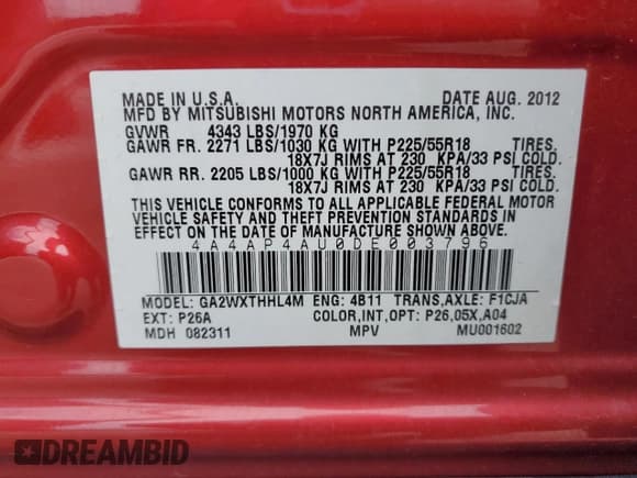 ✅ 2013 Mitsubishi Outlander SE • VIN: 4A4AP4AU0DE003796 • Lot: 82049645. Listed on Copart with 179,095 mi. Free auction sales archive from the USA and detailed vehicle history report at DreamBid. Image 12.