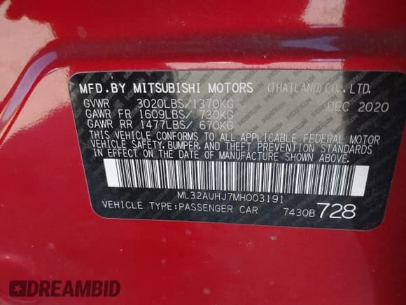 ✅ 2021 Mitsubishi Mirage ES • VIN: ML32AUHJ7MH003191 • Лот: 42300012. Опубликован ранее на IAAI с пробегом 69 656 миль. Бесплатный доступ к архиву аукционных продаж из США и подробный отчёт об истории автомобиля на DreamBid. Изображение 9.