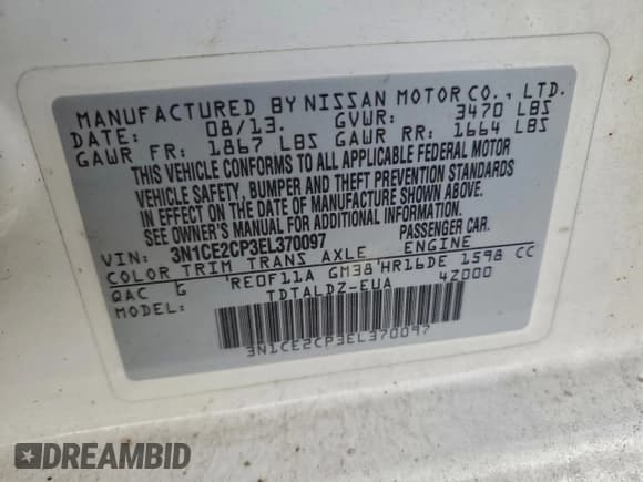 ✅ 2014 Nissan Note S • VIN: 3N1CE2CP3EL370097 • Lot: 95211675. Wystawiony na Copart z przebiegiem 143 518 mil. Bezpłatny archiwum sprzedaży aukcyjnych z USA i szczegółowy raport historii pojazdu na DreamBid. Zdjęcie 12.