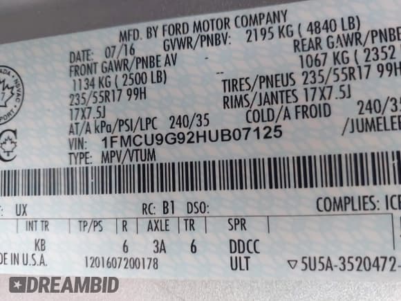 ✅ 2017 Ford Escape SE • VIN: 1FMCU9G92HUB07125 • Lot: 43462356. Wystawiony na IAAI z przebiegiem 154 875 mil. Bezpłatny archiwum sprzedaży aukcyjnych z USA i szczegółowy raport historii pojazdu na DreamBid. Zdjęcie 9.