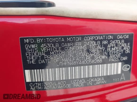 ✅ 2004 Lexus SC 430 • VIN: JTHFN48Y440058288 • Lot: 43205275. Listed on IAAI with 202,281 mi. Free auction sales archive from the USA and detailed vehicle history report at DreamBid. Image 9.