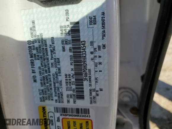 ✅ 2017 Ford Fusion SE • VIN: 3FA6P0HD9HR334543 • Lot: 90832005. Listed on Copart with 72,130 mi. Free auction sales archive from the USA and detailed vehicle history report at DreamBid. Image 12.