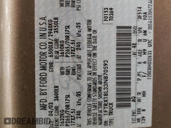 ✅ 2003 Ford F-150 XL • VIN: 1FTRX18L33NB70593 • Lot: 59683265. Listed on Copart with 200,854 mi. Free auction sales archive from the USA and detailed vehicle history report at DreamBid. Image 12.