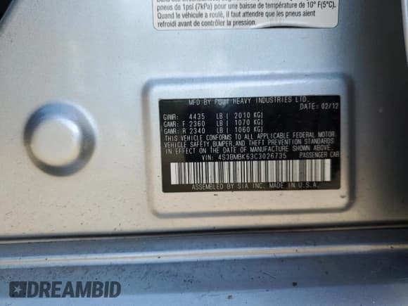 ✅ 2012 Subaru Legacy Limited • VIN: 4S3BMBK63C3026735 • Lot: 57102645. Listed on Copart with 75,797 mi. Free auction sales archive from the USA and detailed vehicle history report at DreamBid. Image 12.