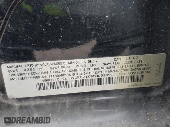 ✅ 2008 Volkswagen Jetta SE • VIN: 3VWRM71K98M091991 • Lot: 42550309. Listed on IAAI with 136,264 mi. Free auction sales archive from the USA and detailed vehicle history report at DreamBid. Image 9.