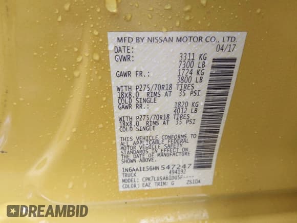 ✅ 2017 Nissan Titan Pro-4X • VIN: 1N6AA1E56HN547247 • Lot: 43523767. Listed on IAAI with 68,049 mi. Free auction sales archive from the USA and detailed vehicle history report at DreamBid. Image 9.