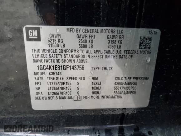 2016 Chevrolet Silverado 3500HD High Country с VIN 1GC4K1E81GF143756, выставлен на аукционе Copart как лот 83951974 с пробегом 107 319 миль миль и Списание • Salvage title. История ставок и продаж доступна на DreamBid. Изображение 12.