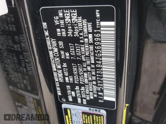 ✅ 2018 Hyundai Santa Fe 2.4L • VIN: 5XYZT3LB4JG569961 • Lot: 84625555. Listed on Copart with 131,480 mi. Free auction sales archive from the USA and detailed vehicle history report at DreamBid. Image 13.