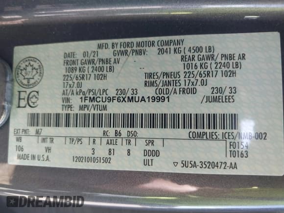 ✅ 2021 Ford Escape S • VIN: 1FMCU9F6XMUA19991 • Lot: 42869166. Wystawiony na IAAI z przebiegiem 97 239 mil. Bezpłatny archiwum sprzedaży aukcyjnych z USA i szczegółowy raport historii pojazdu na DreamBid. Zdjęcie 9.