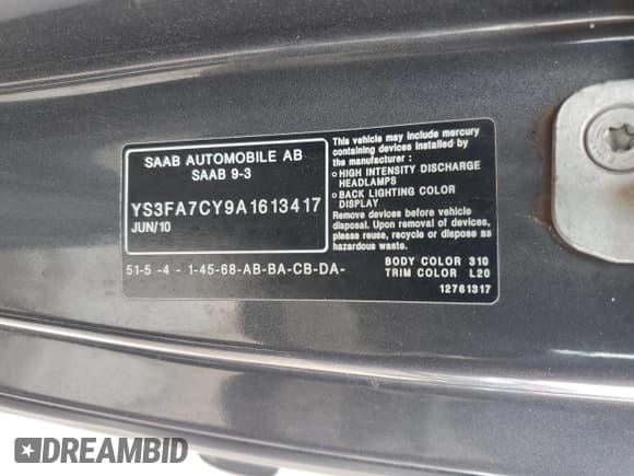 ✅ 2010 Saab 9-3 • VIN: YS3FA7CY9A1613417 • Лот: 45884215. Опубликован ранее на Copart с пробегом 111 806 миль. Бесплатный доступ к архиву аукционных продаж из США и подробный отчёт об истории автомобиля на DreamBid. Изображение 12.