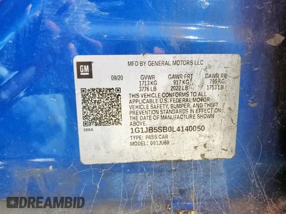 2020 Chevrolet Sonic LS с VIN 1G1JB5SB0L4140050, выставлен на аукционе Copart как лот 65714355 с пробегом 81 599 миль миль и Списание • Salvage title. История ставок и продаж доступна на DreamBid. Изображение 12.