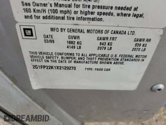 1999 Chevrolet Camaro с VIN 2G1FP22K1X2129270, выставлен на аукционе Copart как лот 67122185 с пробегом 140 514 миль миль и Списание • Salvage title. История ставок и продаж доступна на DreamBid. Изображение 12.