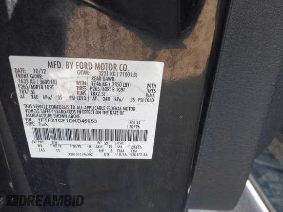 ✅ 2013 Ford F-150 XL • VIN: 1FTFX1CF1DKD46953 • Lot: 43164098. Listed on IAAI with 177,942 mi. Free auction sales archive from the USA and detailed vehicle history report at DreamBid. Image 9.