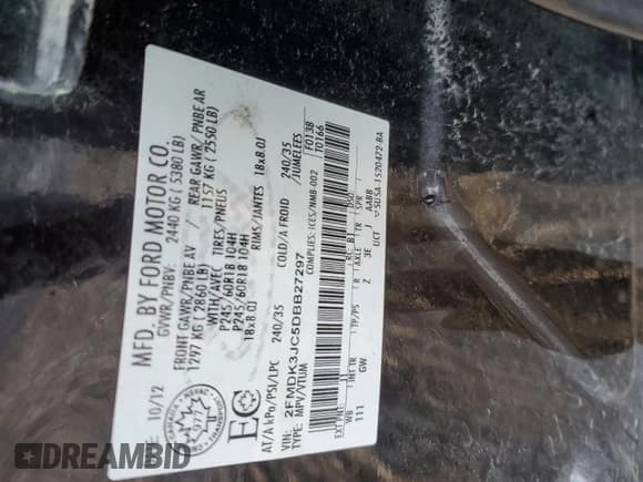 ✅ 2013 Ford Edge SEL • VIN: 2FMDK3JC5DBB27297 • Lot: 91840855. Listed on Copart with 293,531 mi. Free auction sales archive from the USA and detailed vehicle history report at DreamBid. Image 13.