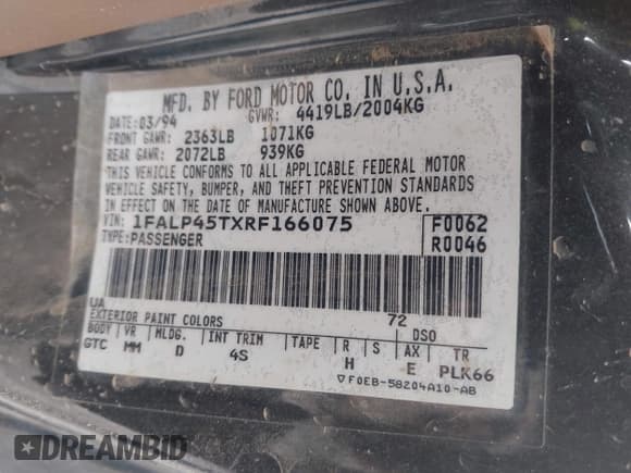 ✅ 1994 Ford Mustang • VIN: 1FALP45TXRF166075 • Lot: 42072112. Listed on IAAI with 101,500 mi. Free auction sales archive from the USA and detailed vehicle history report at DreamBid. Image 9.