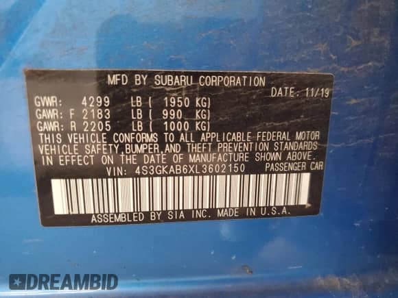 2020 Subaru Impreza с VIN 4S3GKAB6XL3602150, выставлен на аукционе Copart как лот 69276715 с пробегом 97 831 миль миль и Списание • Salvage title. История ставок и продаж доступна на DreamBid. Изображение 12.