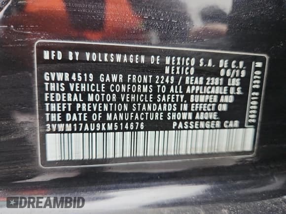 ✅ 2019 Volkswagen Golf S • VIN: 3VWM17AU9KM514676 • Lot: 70491225. Listed on Copart with 44,527 mi. Free auction sales archive from the USA and detailed vehicle history report at DreamBid. Image 13.