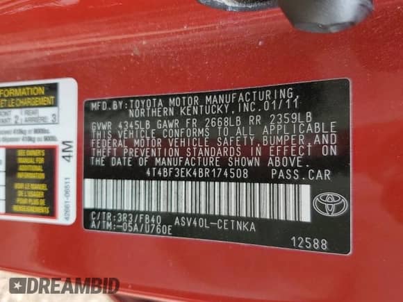 2011 Toyota Camry LE с VIN 4T4BF3EK4BR174508, выставлен на аукционе Copart как лот 84207795 с пробегом 194 856 миль миль и Списание • Salvage title. История ставок и продаж доступна на DreamBid. Изображение 12.