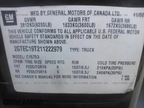 ✅ 2001 GMC Sierra 1500 SLE • VIN: 2GTEC19T211222979 • Lot: 27100382. Listed on IAAI with 109,714 mi. Free auction sales archive from the USA and detailed vehicle history report at DreamBid. Image 9.