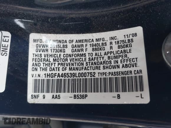 ✅ 2009 Honda Civic GX • VIN: 1HGFA46539L000752 • Lot: 43720175. Listed on IAAI with 105,611 mi. Free auction sales archive from the USA and detailed vehicle history report at DreamBid. Image 9.