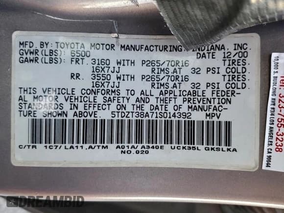 ✅ 2001 Toyota Sequoia Limited • VIN: 5TDZT38A71S014392 • Lot: 96194695. Listed on Copart with 168,396 mi. Free auction sales archive from the USA and detailed vehicle history report at DreamBid. Image 13.
