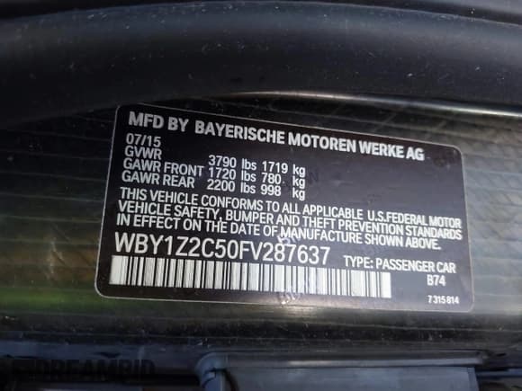 ✅ 2015 BMW i3 • VIN: WBY1Z2C50FV287637 • Lot: 42077747. Listed on IAAI with 67,283 mi. Free auction sales archive from the USA and detailed vehicle history report at DreamBid. Image 9.