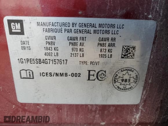 ✅ 2016 Chevrolet Cruze LT • VIN: 1G1PE5SB4G7157617 • Lot: 81453765. Listed on Copart with 122,226 mi. Free auction sales archive from the USA and detailed vehicle history report at DreamBid. Image 12.