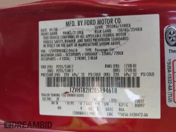 ✅ 2008 Ford Mustang GT Deluxe • VIN: 1ZVHT82H285194618 • Lot: 42001961. Listed on IAAI with 129,781 mi. Free auction sales archive from the USA and detailed vehicle history report at DreamBid. Image 9.