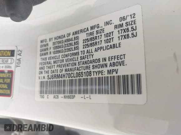 ✅ 2012 Honda CR-V EX-L • VIN: 5J6RM4H70CL065108 • Lot: 41717102. Listed on IAAI with 218,770 mi. Free auction sales archive from the USA and detailed vehicle history report at DreamBid. Image 9.